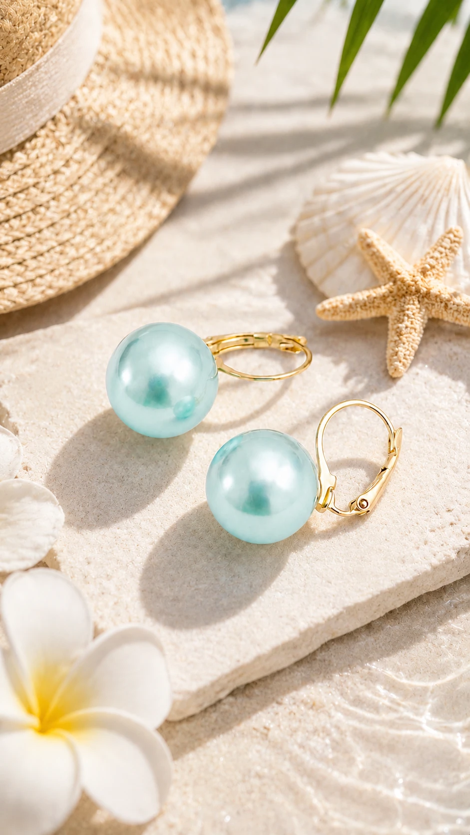 Boucles d'oreilles perles bleu turquoise – Acier inoxydable doré